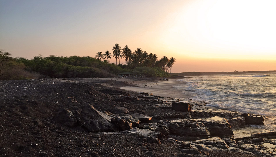 Black Sand Beach and Sunset near Kiholo Bay