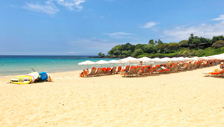 Lounge Chairs and Paddle Boards on Kaunaoa Beach (Mauna Kea Beach)