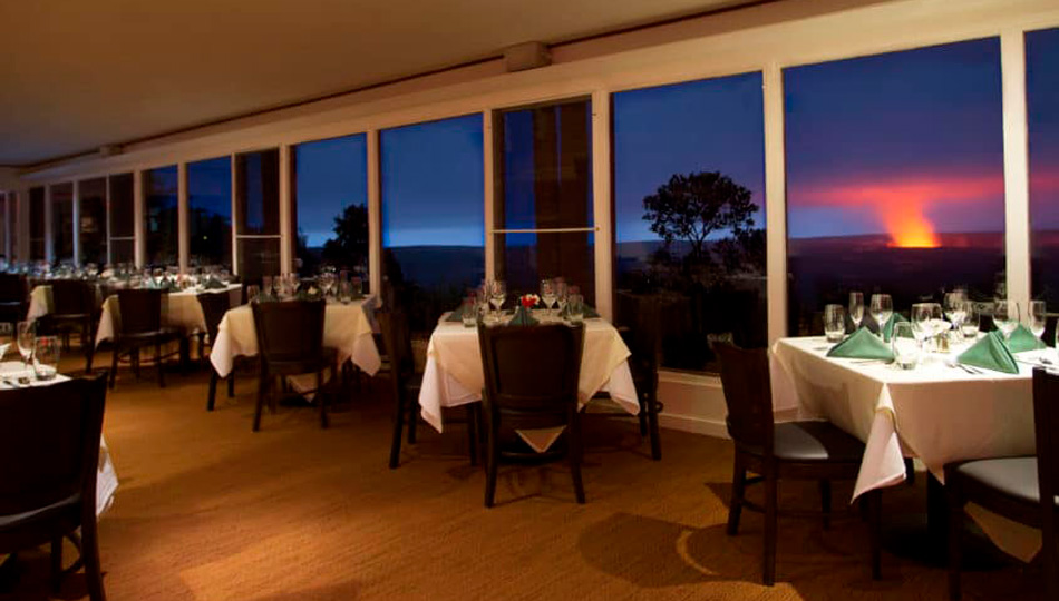 The Rim Restaurant Dining Room with the glow of the caldera in the background