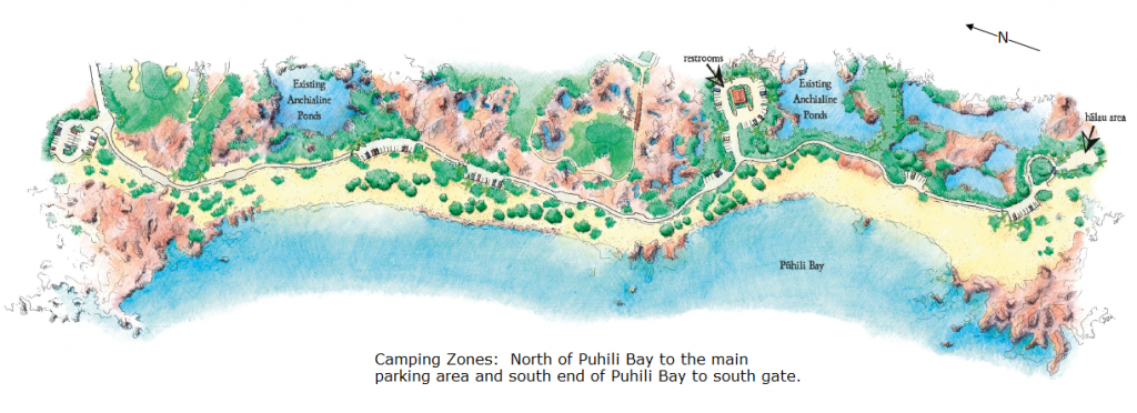 Kohanaiki Beach Map with Camping, Restrooms, and Roadway Info